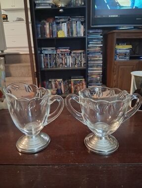 Vintage Scalloped Edge Glass SUGAR & CREAMER Set With Sterling Silver Bases